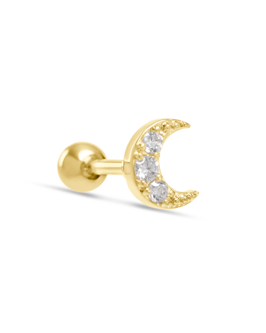 Обеци Mina Moon от медицинска стомана с 18K златно покритие и цирконии. С лунен дизайн, комбинират се с различни бижута от Solea.