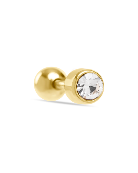Малки обеци Selena White от медицинска стомана с 18K златно покритие и бял камък. Комбинират се с халки от Solea.